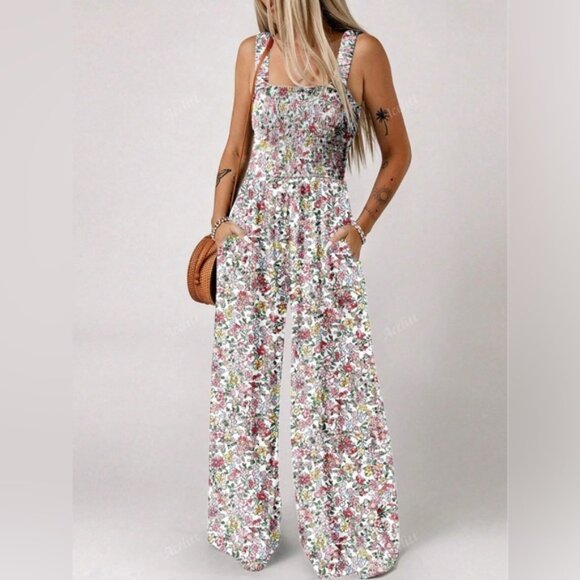 Boho Shirred Floral Wide Leg Jumpsuit With Pockets - Picture 1 of 7